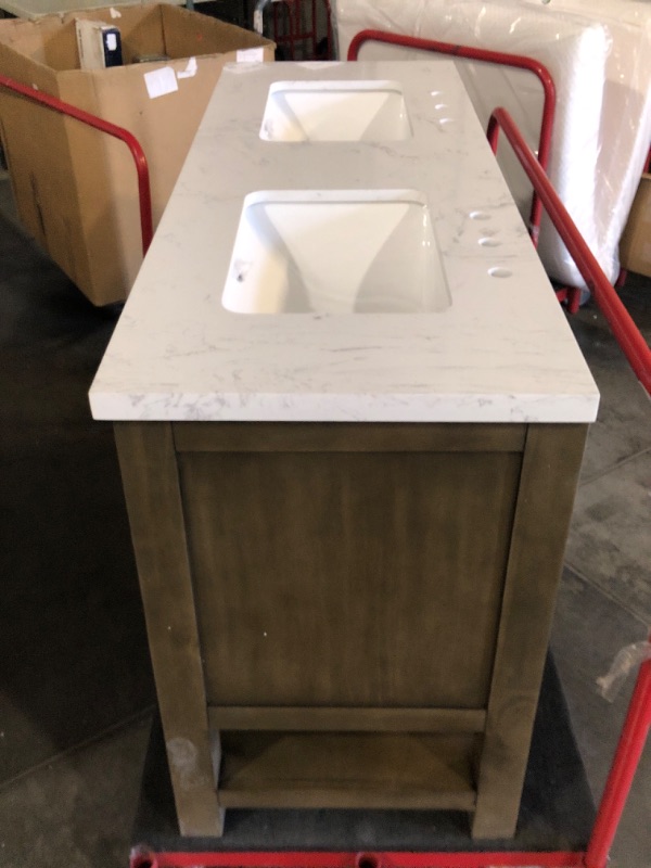 Photo 8 of **DAMAGED READ NOTES**allen + roth Kennilton 60-in Gray Oak Undermount Double Sink Bathroom Vanity with White Carrera Engineered Stone Top