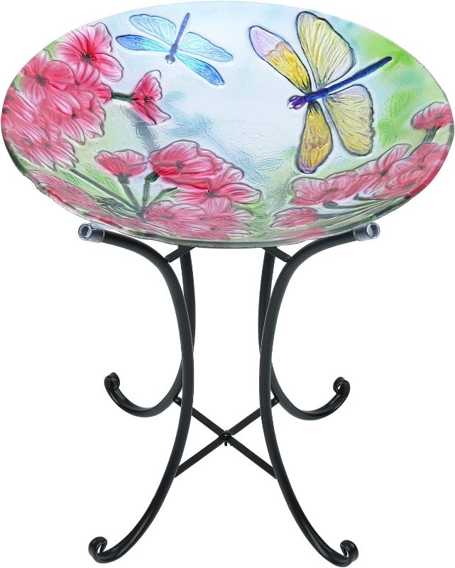 Photo 1 of  Bird Bath-Bird Baths for Outdoors - Dragonfly Large Bird Bath Bowl with Metal Stand, Glass BirdBaths for The Garden Lawn Yard Decor