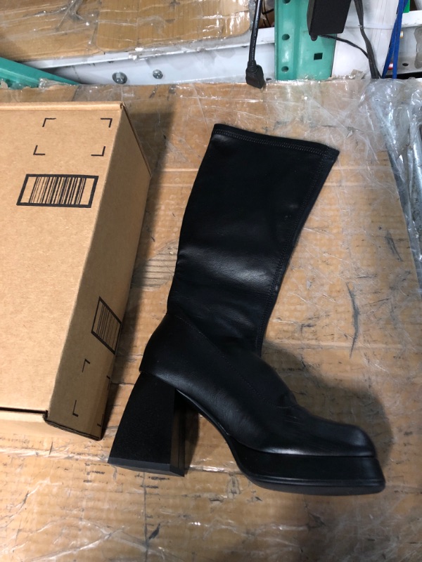 Photo 1 of  Black Leather Boots Platform Boots for Women Square Toe Chunky Block Heeled Boots (37)