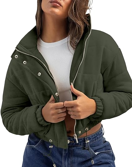 Photo 1 of Danedvi Womens Cotton Cropped Puffer Jacket, Short Coat, Army Green, Lg.