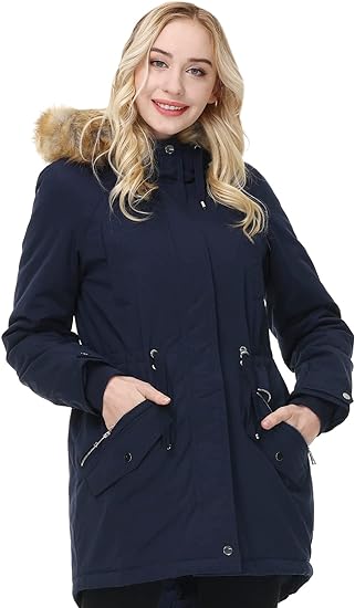 Photo 1 of ANOTHER CHOICE Women Winter Parka Coat, Windproof Women Winter Coat Fleece Lined Long Parka with Faux-Fur Hood Small-Medium Dark Navy