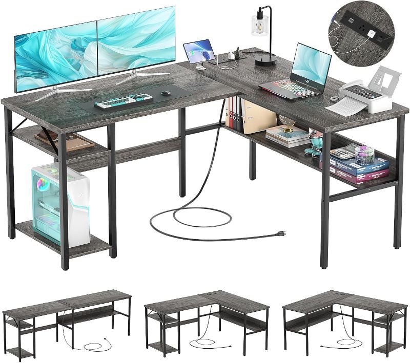 Photo 1 of Reversible L Shaped Gaming Desk with Power Outlets and USB Charging Ports, Gray Oak