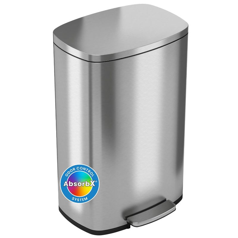 Photo 1 of *NON FUNCTIONAL* SIGNS OF USAGE/OPENED
iTouchless SoftStep 13.2 Gallon Kitchen Step Trash Can with Advance Odor Filter System, New Model 50 L & Gentle Lid Open and Close & Odor Removers 3-Pack Biodegradable Deodorizer 13 Gal Silver With Absorbx Filter Tra