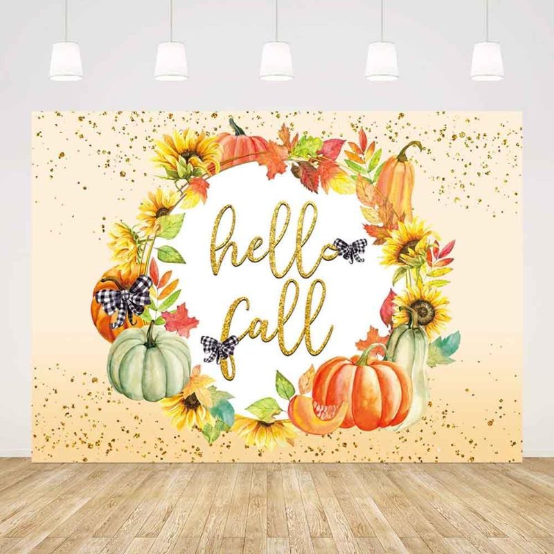 Photo 1 of 7x5ft Hello Fall Backdrop for Photography Autumn Pumpkin Theme Festival Background for Party Circular Wreath Pumpkins Decorations Banner