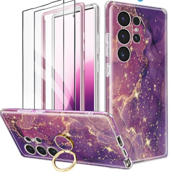 Photo 1 of for Samsung Galaxy S24 Ultra Case with Ring Holder,[2X Screen Protectors][Fingerprint ID Support], Precise Cemera Protection with Ring Kickstand.(Shine Purple)