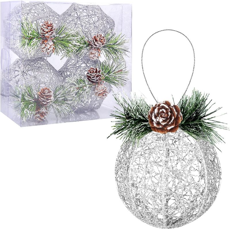 Photo 1 of Christmas Ball Ornaments, 4pc Set Silver Pinecone Rattan Thread String Christmas Tree Ornament Xmas Trees Wedding Party Decorations