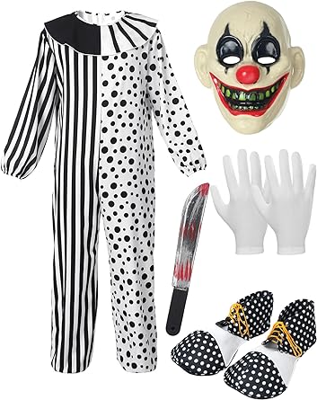 Photo 1 of 5 Pcs Scary Killer Clown Costume Set with Gloves Halloween Creepy Clown Mask Black and White Clown Shoes Plastic Knife Medium