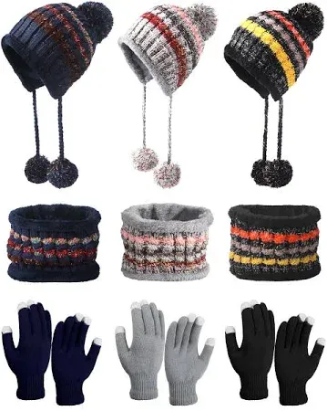 Photo 1 of 9 Pcs Winter Beanie Hat Scarf Touchscreen Gloves Set for Women Knitted Beanie with Pompoms Gloves Neck Warmer