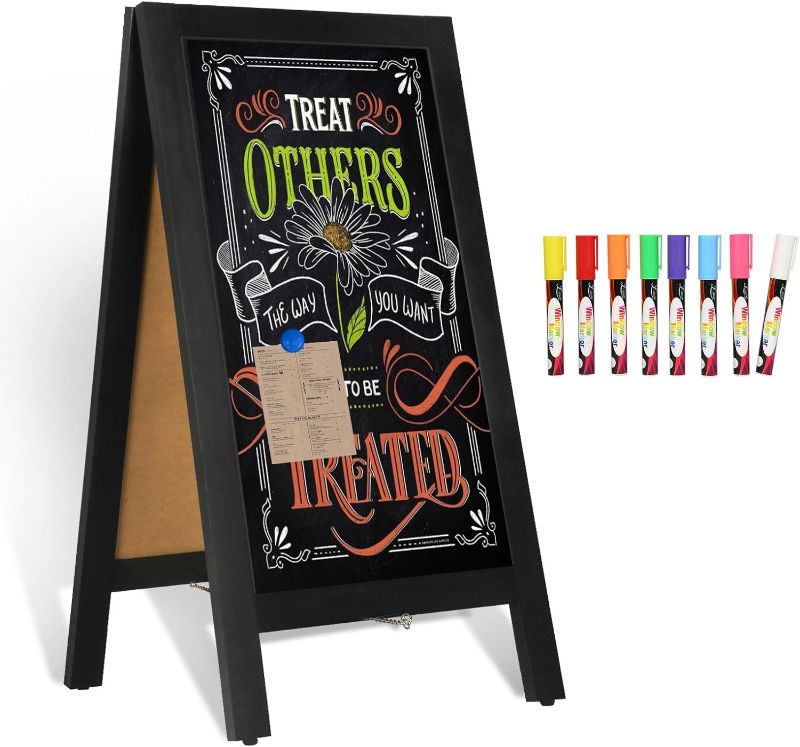 Photo 1 of 4 THOUGHT A-Frame Chalkboard 40" x 20", Chalk Board Sign Board Magnetic Sandwich Board Solid Pine Wooden Freestanding Double-Sided Chalkboard Easel for Restaurant Cafe Shop Wedding Party, Rustic Brown