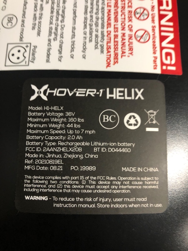 Photo 5 of * important * see clerk notes *
Hover-1 Helix Electric Hoverboard | 7MPH Top Speed, 4 Mile Range, 6HR Full-Charge, Built-in Bluetooth Speaker,