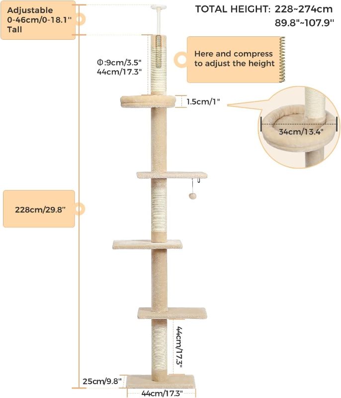 Photo 4 of (READ NOTES) PETEPELA Cat Tree 5-Tier Floor to Ceiling Cat Tower Height Adjustable (95-107 Inches), Tall Kitty Climbing Activity Center with Scratching Post,