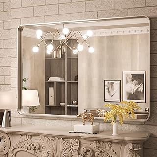 Photo 1 of (READ NOTES) TokeShimi 50 x 34 Inch Brushed Silver Bathroom Mirror for Wall Brushed Brass Metal Rounded Corner Rectangle Mirror