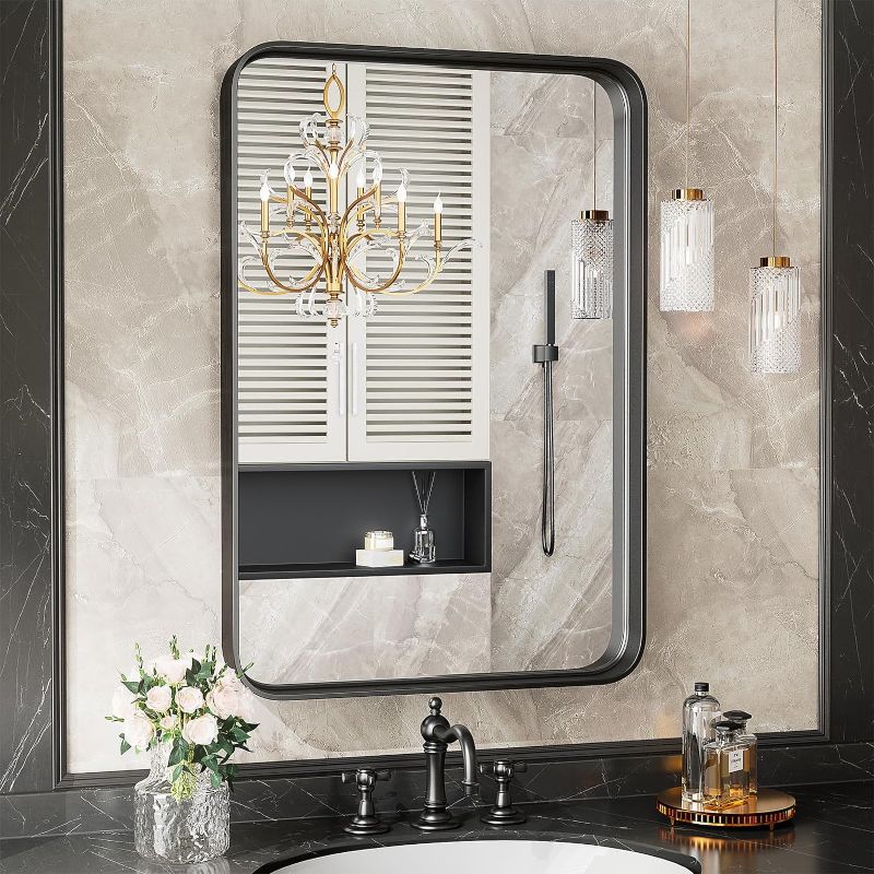 Photo 1 of (READ FULL POST) 24x36 Inch Bathroom Mirror with Thick Frame,Bathroom Mirror for Over Sink,Round Edge Frame Black Mirror,Vanity Mirror,Wall Mirrors Decorative,Barber Mirror for Bedroom,Bathroom,Living Room Mirror
