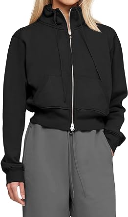 Photo 1 of Fisoew Women's Full Zip Sweatshirt Drawstring Stand Neck Long Sleeve Short Sweatshirt with Pockets