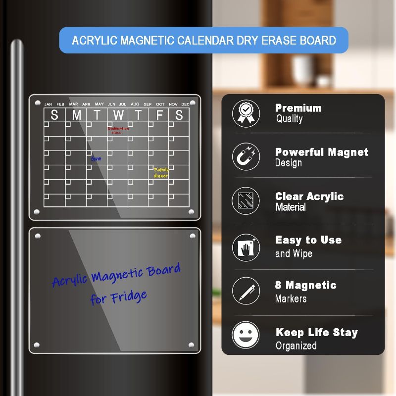 Photo 1 of Hansanti Acrylic Magnetic Dry Erase Board Calendar for Fridge, 2 Set Clear Monthly Calendar Planning Boards Reusable Planner Whiteboard for Refrigerator with 8 Magnetic Markers (16"x12")