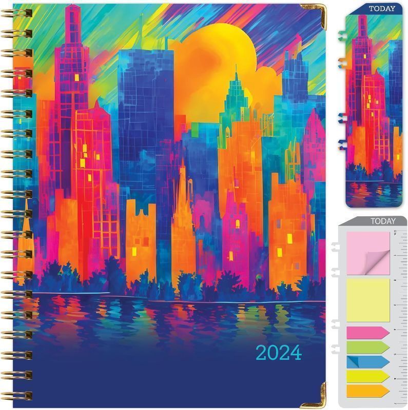 Photo 1 of HARDCOVER 2024 Planner: (November 2023 Through December 2024) 8.5"x11" Daily Weekly Monthly Planner Yearly Agenda. Bookmark, Pocket Folder and Sticky Note Set (Rainbow Cityscape)