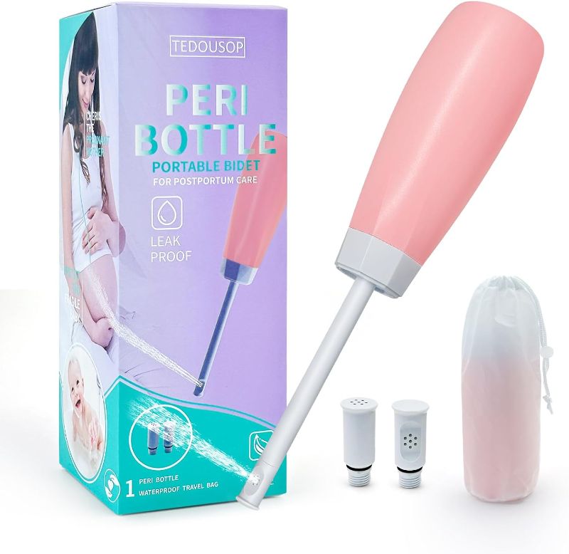 Photo 1 of * PACK OF TWO, NO RETURNS * Portable Bidet for Travel, Upside Down Peri Bottle for Women Using in Travel, 14oz Handheld Squeeze Bottle with 2 Spray Nozzles, Cap and Storage Bag