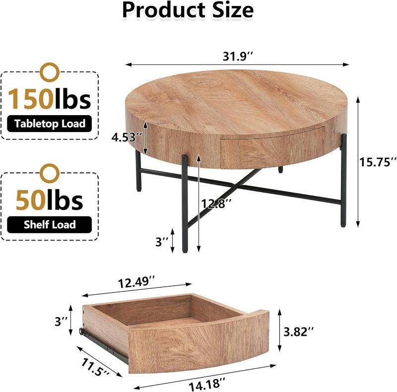 Photo 5 of (READ FULL POST) IDEALHOUSE Round Coffee Table Living Room Wood Center Table with Two Drawers Farmhouse Coffee Table Rustic Circle Cocktail Table Metal Legs, Easy Assembly, Natural