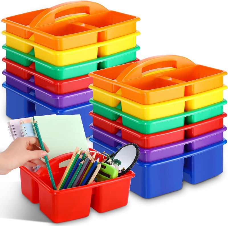 Photo 1 of Irenare Rainbow Color Plastic Caddy Organizer for Kids Stackable Storage Caddy with Handle Portable Utility Storage Box for School Classroom Art Teacher Office Supplies, 3 Compartment 