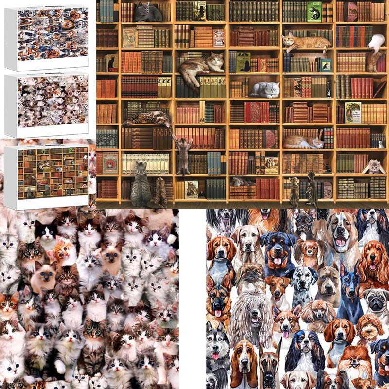 Photo 1 of 3 Pack 1000 Pieces Cat's World, Dog's World & Kitten Library Puzzle, Jigsaw Puzzles for Adults 1000 Pieces and up, Puppies Puzzle Gifts for Women & Mom