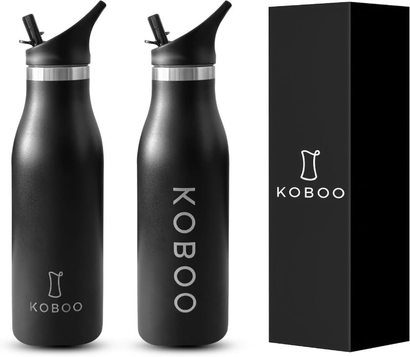 Photo 1 of * SET OF TWO, NO RETURNS * Flask Black 18 OZ/540 ML Bottle. Food Grade 24/8 (304), Stainless Steel, BPA Free, Vacuum Sealed. Perfect for the office. Comes with stylish lid, straw, and cleaning kit. Koboo.org