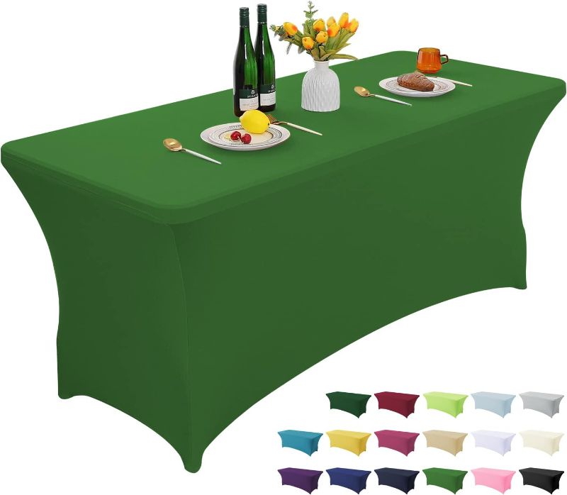 Photo 1 of **like stock picture but has Merry Christmas on it as well** Christmas Table Cloth 2 Pack 6FT Green Spandex Table Covers Fitted Tablecloth Washable Table Cover Stretch Rectangular Table Protector for Events, Party, Wedding, Cocktail, Banquet, Festival