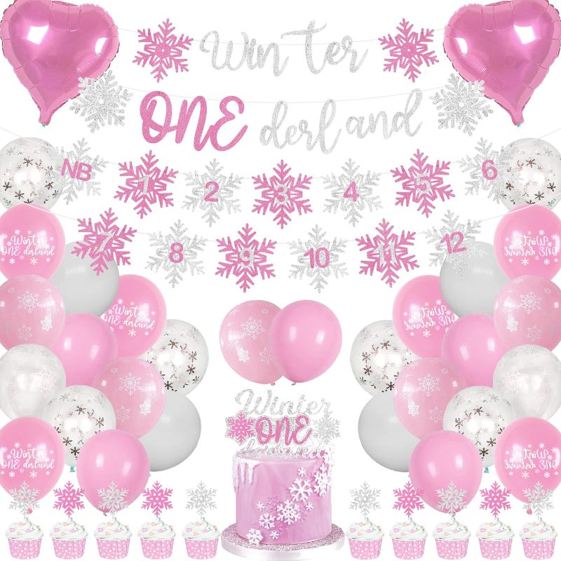 Photo 1 of * SET OF THREE, NO RETURNS * Winter Onederland 1st Birthday Girl - Pink Winter Wonderland Party Decor Snowflake Balloons Cupcake Toppers 1 Year Old Birthday Photo Banner First Birthday Party Supplies for Baby Girl