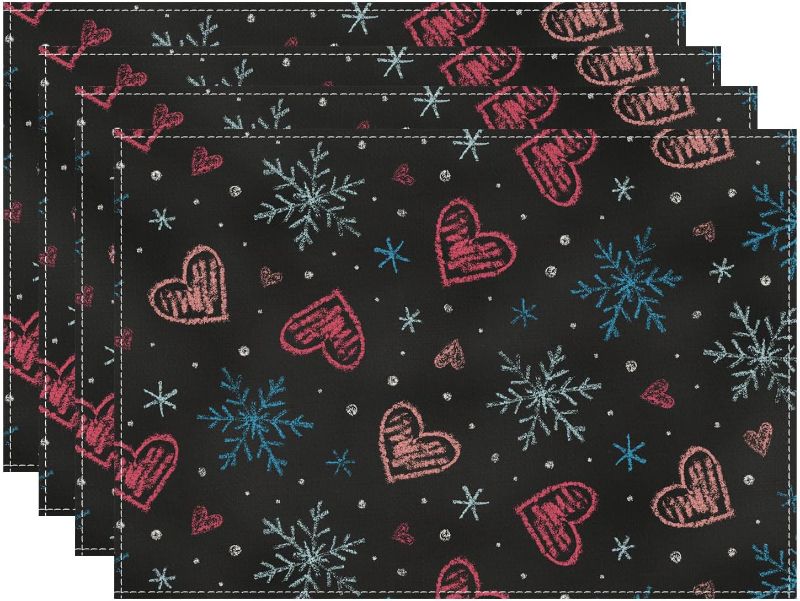 Photo 1 of * SET OF TWO, NO RETURNS * Snowflakes Black Love Hearts Valentine’s Day Placemats Set of 4 Cloth Table Mats 12 x 18 Inch Party Home Dining Decor Table Decorations