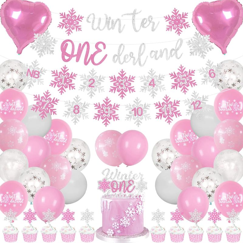 Photo 1 of * SET OF TWO, NO RETURNS * Winter Onederland 1st Birthday Girl - Pink Winter Wonderland Party Decor Snowflake Balloons Cupcake Toppers 1 Year Old Birthday Photo Banner First Birthday Party Supplies for Baby Girl