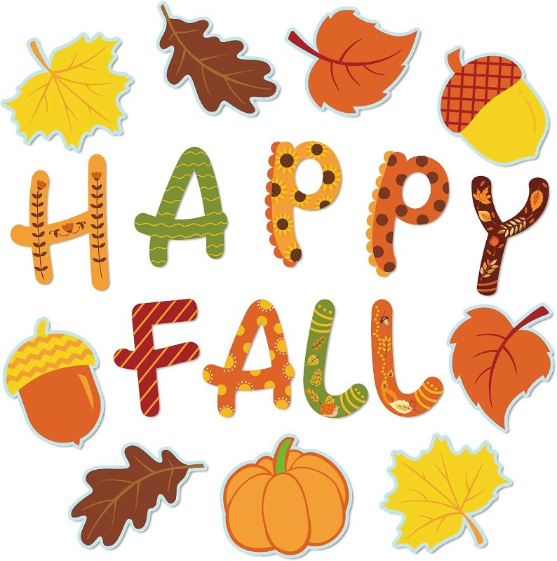 Photo 1 of * SET OF TWO, NO RETURNS * Whaline 48Pcs Thanksgiving Happy Fall Cut-Outs Fall Classroom Bulletin Board Decorations Maple Leaves Pumpkin Acorns Thanksgiving Harvest Cutouts with 100Pcs Glue Points for Autumn School Decor