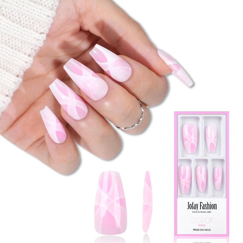 Photo 1 of * SET OF TWO, NO RETURNS * Pink Press on Nails Medium Coffin, Jofay Fashion Fake Nails with Designs, False Nails with Glue, Acrylic Nails Natural & Reusable, Stick on Nails for Women & Girls, Pink Ballet 24pcs