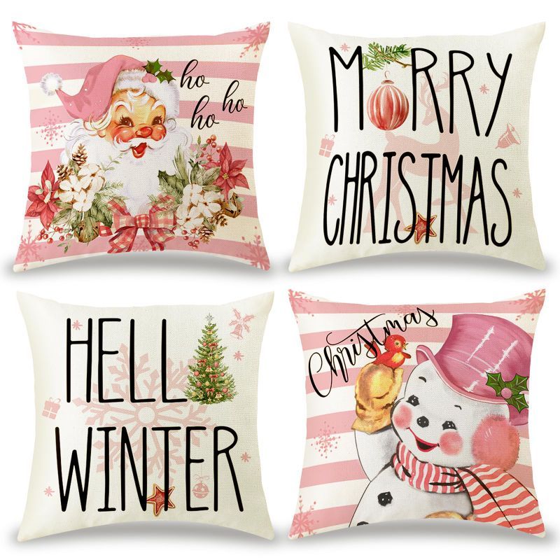 Photo 1 of * SET OF TWO, NO RETURNS * Christmas Pillow Covers 18x18 Set of 4 Pink Christmas Decorations Throw Pillow Case Stripes Santa Snowman Snowflake Winter Holiday Home Decor Cushion for Sofa Couch