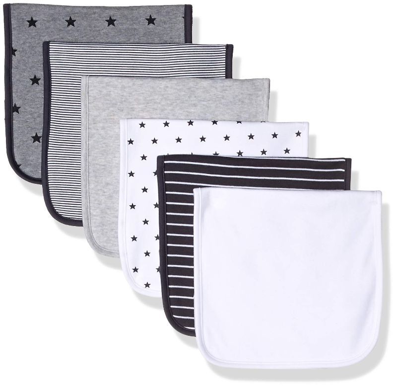 Photo 1 of Amazon Essentials Unisex Kids' Burp Cloths, Pack of 6 One Size Black Stripe/Grey Stars/White