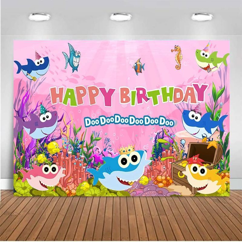 Photo 1 of 5X3 FT Shark Birthday Party Backdrop for Kids, Cartoon Birthday Party Photo Background for Baby Shower Party Decoration Boys Girls Birthday Photography Backdrop (5X3 FT-A)