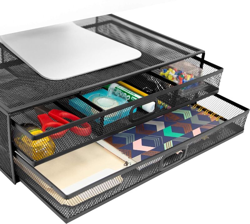 Photo 1 of MOUNT-IT! Computer Monitor Stand With Drawers, Metal Mesh Riser and Organizer for Laptops and Computer Screens, Laptop, and Printer Accessories and Office Supplies (Black)