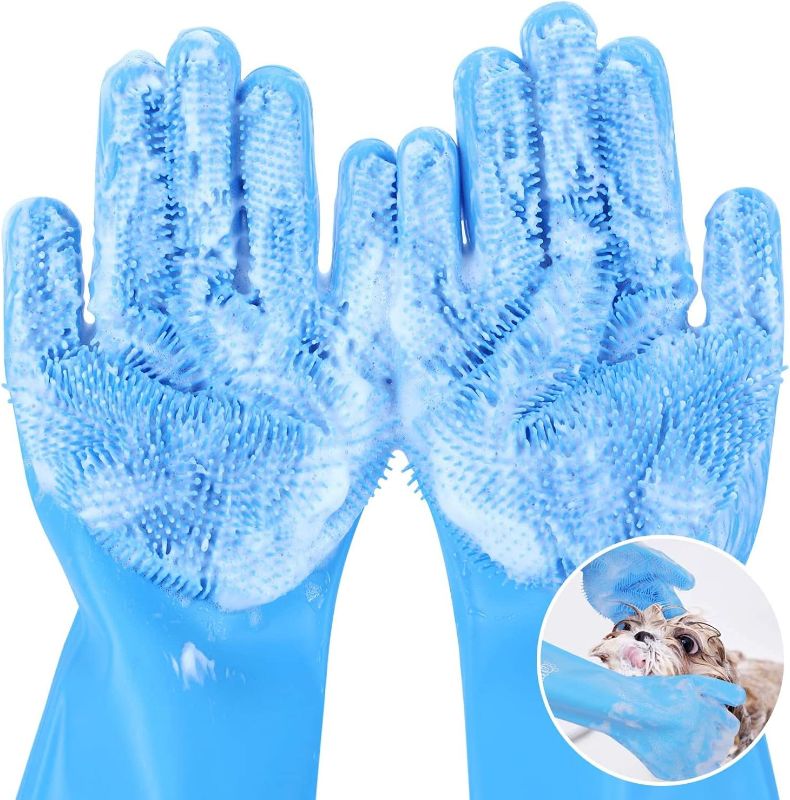 Photo 1 of * BUNDLE OF TWO, NO RETURNS * Pet Grooming Gloves, Yintoper Dog Washing Gloves with High-Density Teeth, Heat Resistant Silicone Cat Hair Remover with Enhanced Five Finger Design, Bathing and Massaging for Dogs and Cats Blue