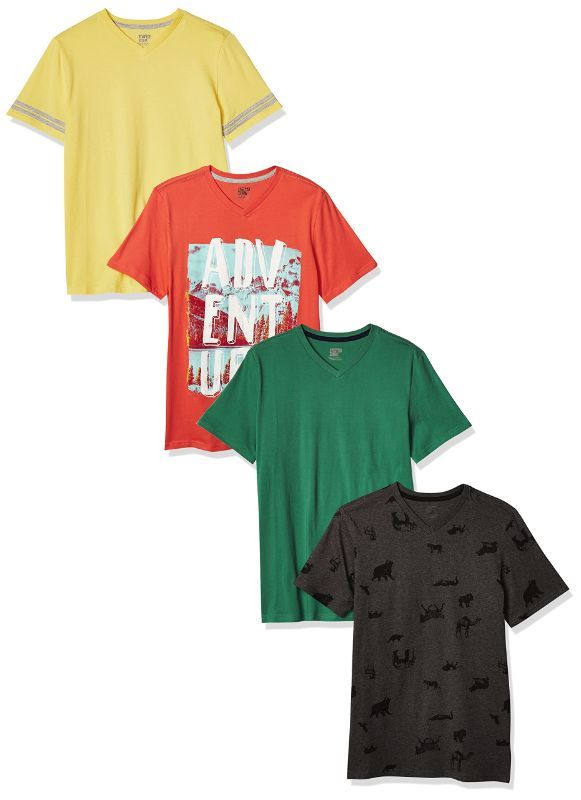 Photo 1 of Amazon Essentials Boys and Toddlers' Short-Sleeve V-Neck T-Shirt Tops (Previously Spotted Zebra), Multipacks 4 Jade Green/Pale Yellow/Charcoal, Animal 3T