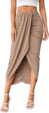 Photo 1 of KIMMTA Women's Summer Slit Wrap Asymmetrical Skirt Ruched High Waist Casual Long Skirts Draped Skirt Medium Black