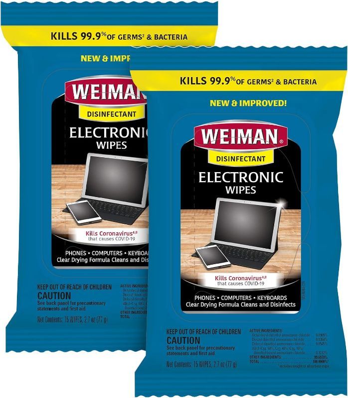 Photo 1 of * BUNDLE OF TWO, 4 TOTAL * Weiman Electronic Disinfecting Wipes- 2 Pack - Safely Clean Your Laptop, Computer, TV, Screen Equipment-Electronic Cleaner Wipes-15 Count