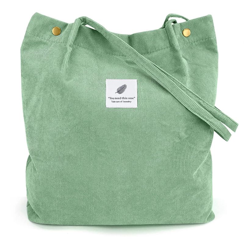 Photo 1 of * BUNDLE OF TWO, NO RETURNS * Corduroy Tote Bag for Women Girls Shoulder Bag with Inner Pocket For Work Beach Lunch Travel Shopping Grocery Pea Green 1 Pcs