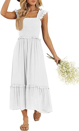 Photo 1 of LILLUSORY Womens Midi Dresses 2023 Summer Smocked Sleeveless Flowy Long Maxi Dress