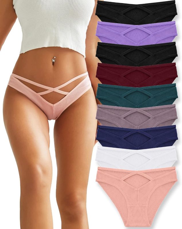 Photo 1 of FINETOO Women Cotton Underwear Sexy Cross-Waist Panties Low Rise Rib Hipster Fashion V-Waist Cheeky Bikini for Ladies 9 Pack LG