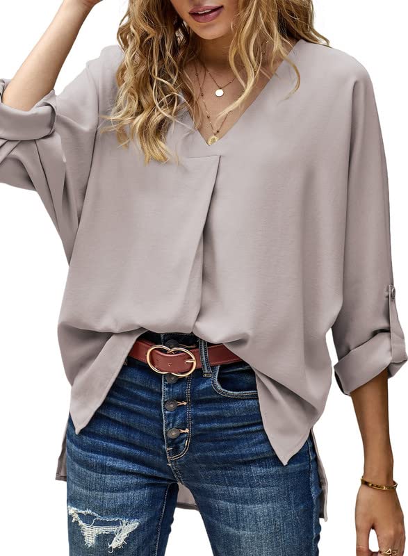 Photo 1 of Dokotoo 2023 Womens Summer 3 4 Bell Sleeve/Short Sleeve V Neck Chiffon Tops Casual Solid Tops and Blouses Loose Shirts S-XXL X-Large Apricot