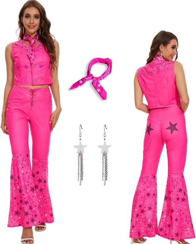 Photo 1 of Cowgirl Costume 70s 80s Hippie Disco Outfits Pink Vest Top Flare Pant Halloween Cosplay Suit for Women XXL