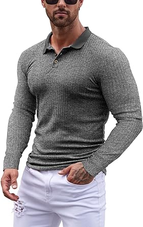 Photo 1 of *STOCK IMG AS REF* COLOR HAZE BLUE YRW Men's Polo Shirts Long Sleeve Henly Shirt Classic, Stretch Ribbed Solid Color Muscle Golf Shirt XXL