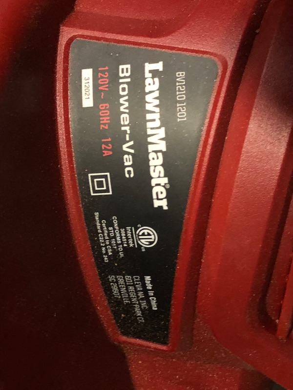 Photo 7 of ***USED - NONFUNCTIONAL - SEE COMMENTS***
LawnMaster Red Edition BV1210 1201 Electric Blower Vacuum Mulcher 12 Amp 2-Speed Adjustment with Metal Impeller