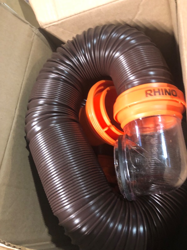 Photo 2 of Camco RhinoFLEX RV Sewer Hose Kit with Swivel Transparent Elbow and 4-in-1 Dump Station Fitting, Brown, 15 Feet (39770) 15ft Sewer Hose Kit Frustration-Free Packaging