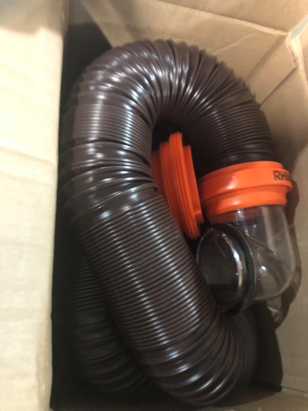 Photo 3 of Camco RhinoFLEX RV Sewer Hose Kit with Swivel Transparent Elbow and 4-in-1 Dump Station Fitting, Brown, 15 Feet (39770) 15ft Sewer Hose Kit Frustration-Free Packaging