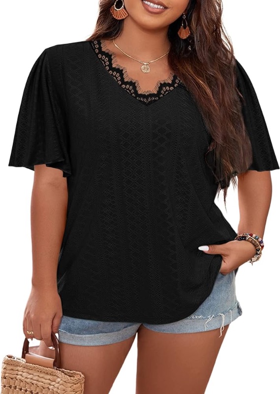 Photo 1 of *similar to stock* Womens Plus Size T Shirt V Neck Lace Tops Bell Sleeve Summer Casual Loose Hollow Crochet Blouse