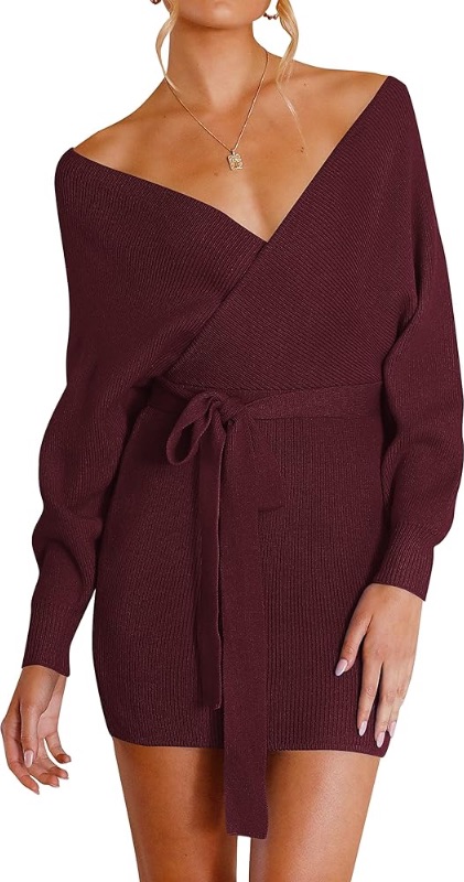 Photo 1 of *SIMILAR TO STOCK*  Fall Long Batwing Sleeve Wrap V Neck Knitted Backless Bodycon